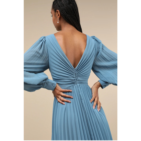 Lulus Slate Blue Pleated Long Sleeve Sophisticated Grace Maxi Dress Size S - Picture 10 of 10